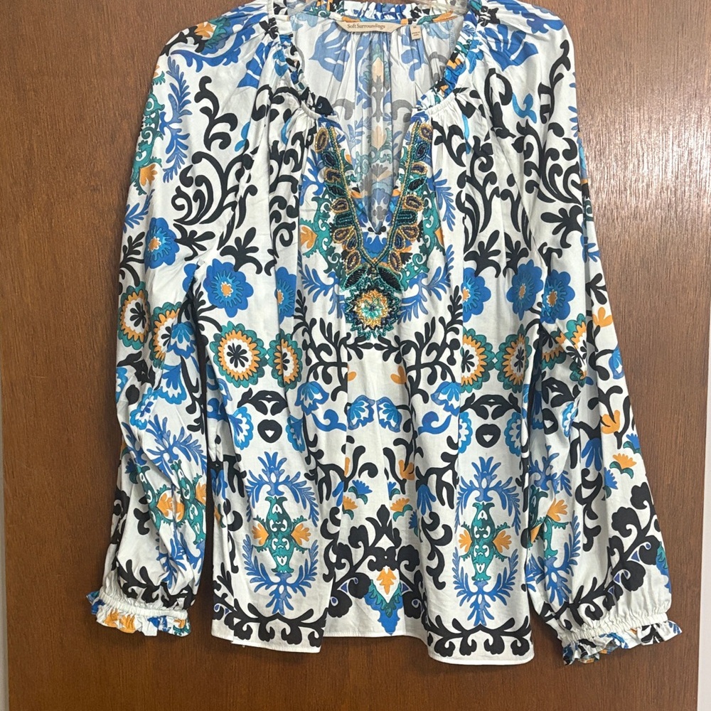 Soft Surroundings Floral Blouse - Blue, Black, and Orange